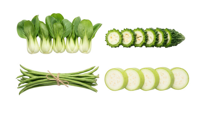 Fresh bok choy, sliced bitter melon, long beans, and sliced zucchini vegetables arranged on a simple surface