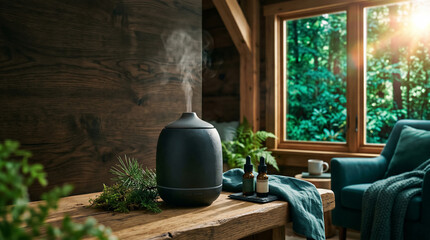 Obraz premium Black essential oil diffuser emitting mist on wooden table. Forest view through window, cozy armchair, greenery. Wellness, aromatherapy, home decor.