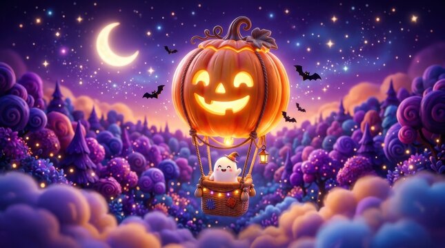 Ghost in hot air balloon shaped like pumpkin floats above magical fantasy forest at night.