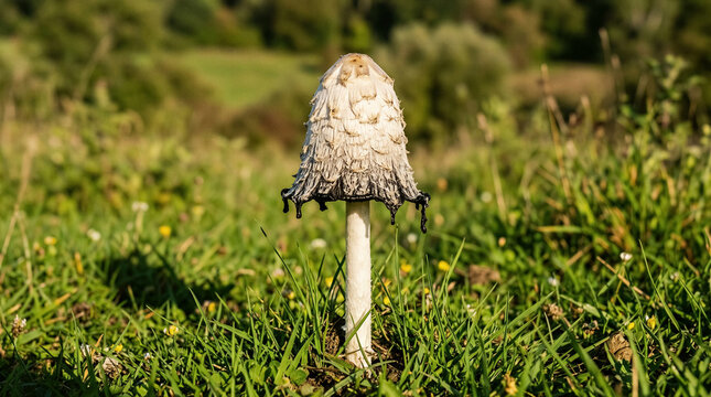 Shaggy ink cap mushroom growing in grassy field. Nature photography, wild mushrooms, forest floor, ecology, botany.