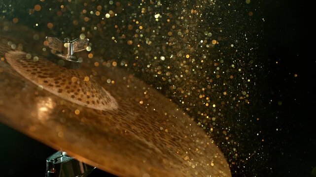 Super slow motion footage at 1000 fps of golden glitter flying above a vibrating cymbal, capturing sparkling particles, metallic movement, vibration, and dynamic energy.
