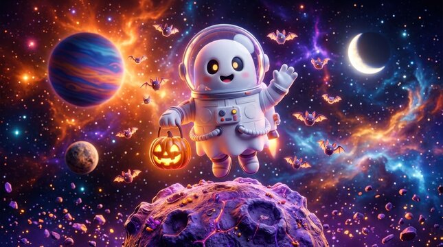 Astronaut ghost floats in outer space holding pumpkin bucket near planets and moon.