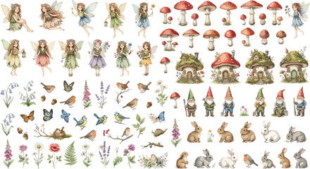 Fototapeta premium A collection of whimsical hand drawn watercolor illustrations featuring cute forest gnomes mushrooms rabbits and various woodland plants isolated on white