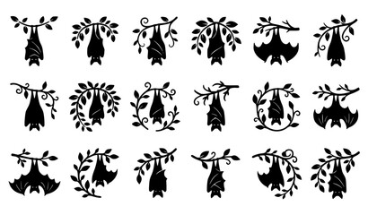 Obraz premium Hanging Bat Silhouette Vector Set, Halloween Black Bats on Tree Branches and Vines Icons Collection Isolated on White