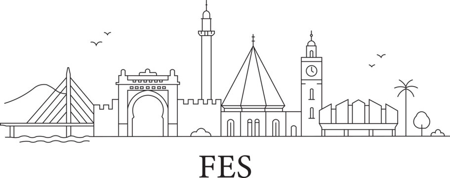 Line art shows Fes skyline with historic architecture