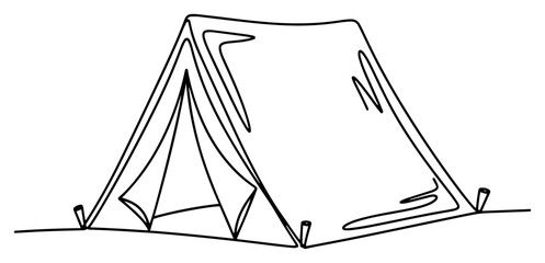 Camping tent one line art drawing, minimalist outdoor adventure and travel vector illustration for scouting and mountain hiking concept © ----WWWLINE----