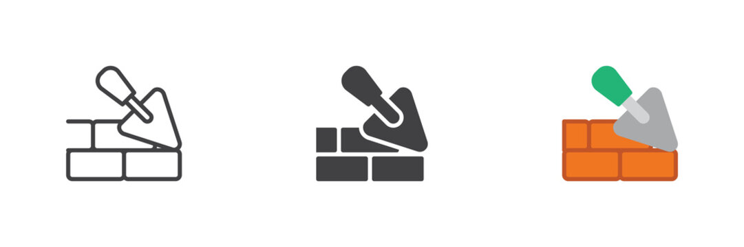 Trowel brick wall icon set shows line, solid and flat colorful trowel brick wall icon, color vector sign and symbol for masonry, building and repair.