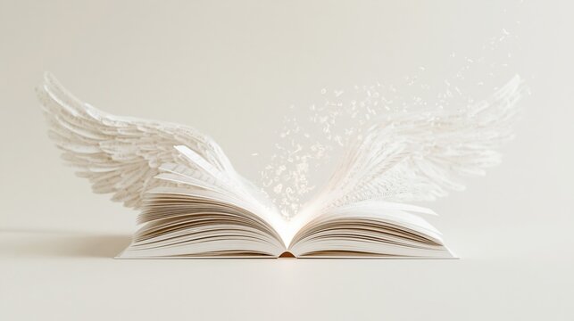 An open antique book radiates creative magic as glowing ethereal feathers transform into fluttering particles within a soft light environment to represent the power of imagination