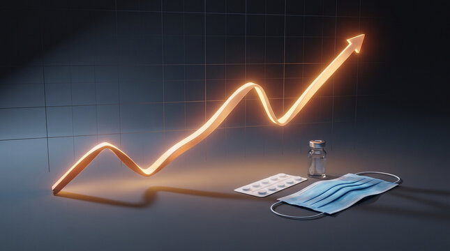 Glowing upward arrow chart beside face mask, pills and vial