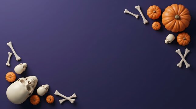 Halloween decorations with pumpkins skulls and bones on a dark purple background