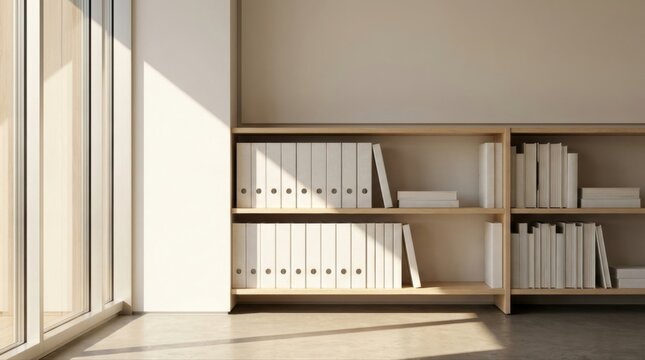 Clean interior with wooden bookshelves holding organized white binders and books, illuminated by natural sunlight