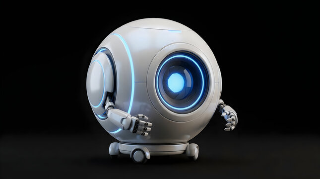 Robot with Arms on Display, Futuristic Design Concept. Modern Technology Illustration, Digital Art. and Sphere