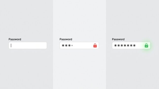 Password input fields showing login process with secure red and green unlocked and locked status icons