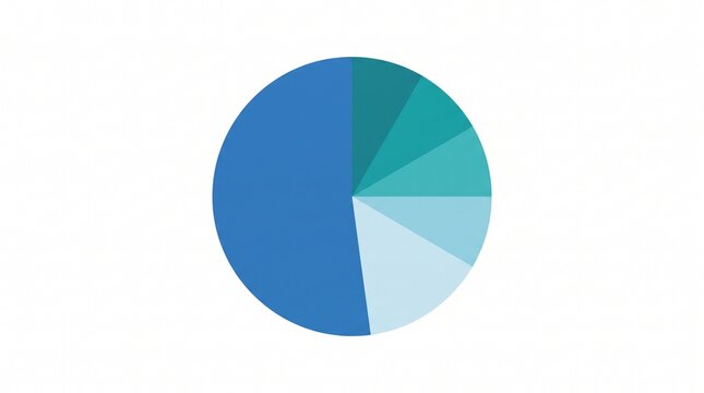 Blue pie chart graphic showing data distribution segments in minimalist flat design isolated on white background