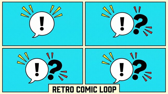 Colorful comic style speech bubbles showing question and exclamation marks against a bright blue dotted background