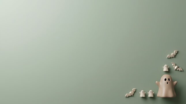Minimalist halloween decorations with ghosts and pumpkins on a muted green background