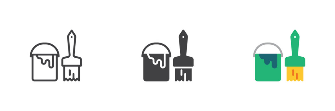 Paint bucket brush icon set shows line, solid and flat colorful paint bucket brush icon, color vector sign and symbol for painting, decorating and repair.