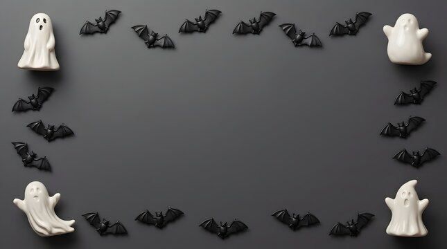 Halloween decorations with small white ghosts and black bats on a gray background