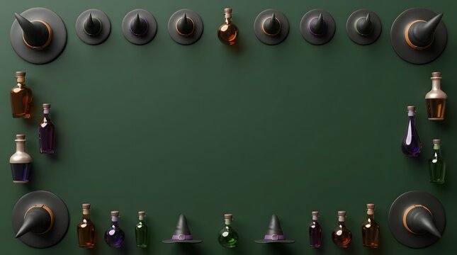 Collection of antique perfume bottles arranged in a circular pattern on green background