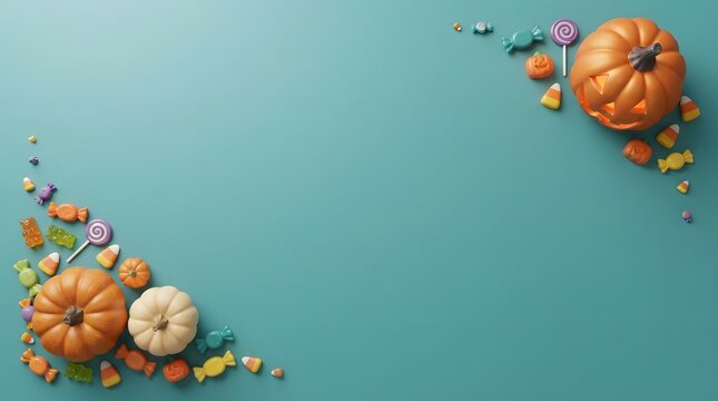 Autumn harvest arrangement with pumpkins gourds and colorful leaves on teal background