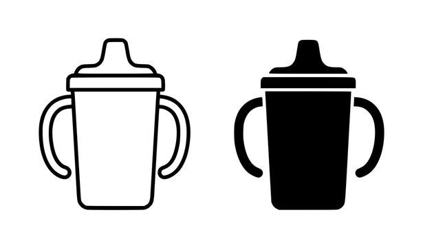 Baby sippy cup with dual handles and spout lid in outline and solid black icon styles drinking cup baby bottle child cup feeding cup toddler cup kids tableware baby accessories