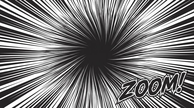 Dynamic manga style speed lines radiating from center with bold zoom text effect on background