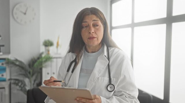 Woman doctor with stethoscope writing on clipboard in medical building, taking notes and holding pen while seated near window; concern compassion.