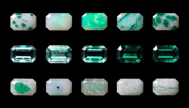 Collection of various emerald and opal gemstones arranged in a rectangular grid pattern on black background