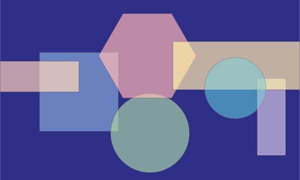 Abstract geometric composition with translucent shapes, colorful overlapping circles and squares on blue background, modern minimalist art