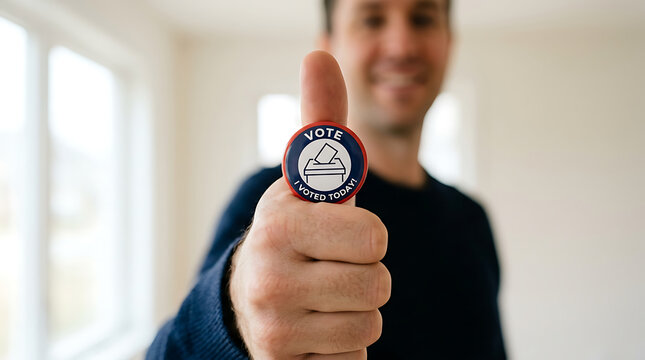 Man holding up thumb with an i voted sticker during election day thumbs up voted badge civic duty