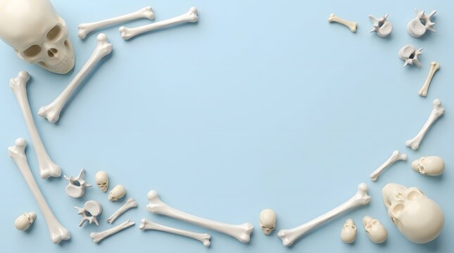 Skeleton bones arranged in a frame on a pale blue background for halloween