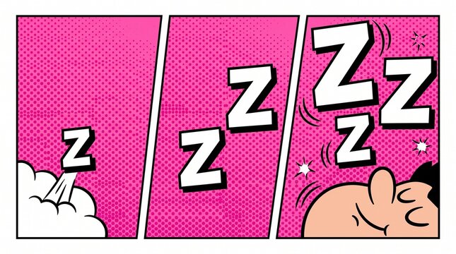 Sleeping man illustrated in a vintage comic book style with vibrant pink halftone dot background panels