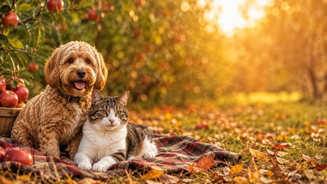 Dog and Cat Resting Together on Plaid Blanket in Sunny Autumn Apple Orchard