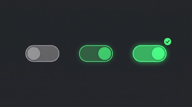 Toggle switch user interface elements with glowing green state indicators displayed on dark grey background