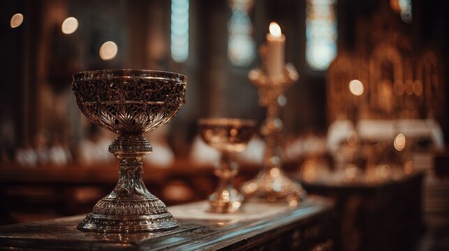 Ornate silver chalice on an altar in a church. Holy communion cup with lit candle and blurred sanctuary background. Christian religion sacrament