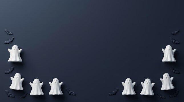 Minimalist arrangement of small white ghost figures on a dark blue background
