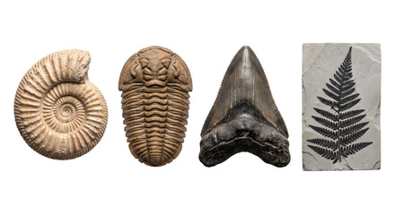 Ancient fossils collection featuring ammonite trilobite shark tooth and fern leaf on transparent back. © B o W Graphics