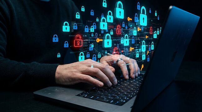 Cybersecurity concept showing person typing on laptop with digital padlocks floating above
