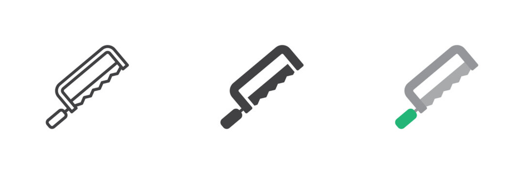 Metal saw icon in line, solid and flat colorful styles. Metal saw icon shows hacksaw frame with blade, color vector sign and symbol for cutting.