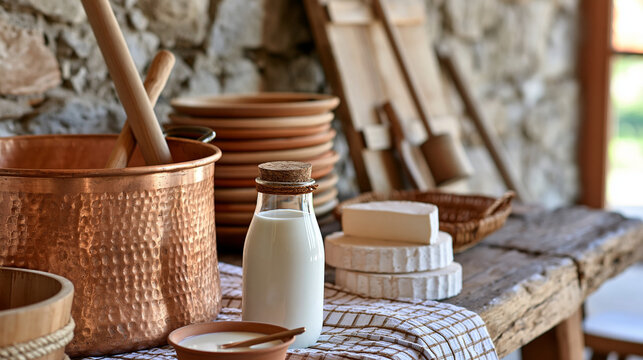 Rustic dairy workshop with a large copper vat, fresh milk, cheese molds and traditional cheesemaking tools, artisan food production, farmhouse dairy, culinary heritage, no people,