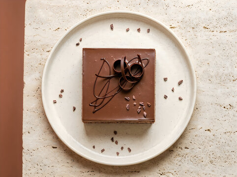 A single square slice of rich chocolate cake served on a decorative white ceramic plate top view