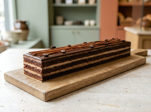 A delicious rectangular chocolate opera cake with layers of sponge and ganache served on a wooden cutting board