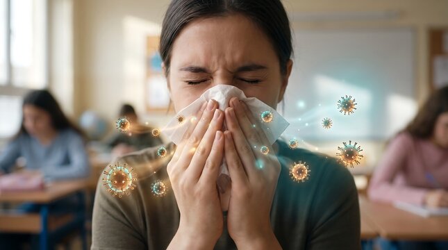 Sick student girl sneezing into tissue spreading viral germs in school classroom