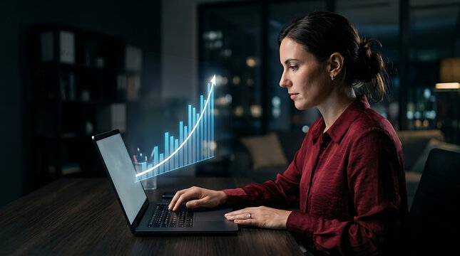 Businesswoman typing on laptop at night with glowing financial stock market chart hologram rising