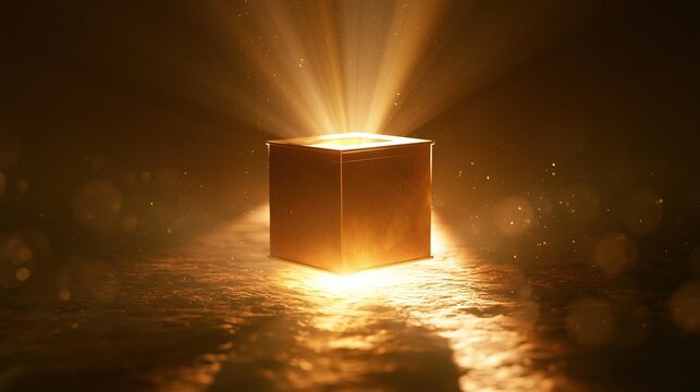 A single metallic cube rests upon a rocky surface as ethereal golden rays of brilliance emanate from above to illuminate the atmosphere and reveal a sense of mystery surrounding this grand