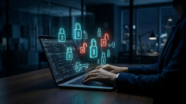 Business professional typing on laptop at night surrounded by glowing cybersecurity padlocks