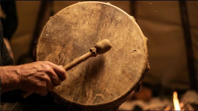 Hand playing a traditional shamanic drum with a mallet by a campfire close up