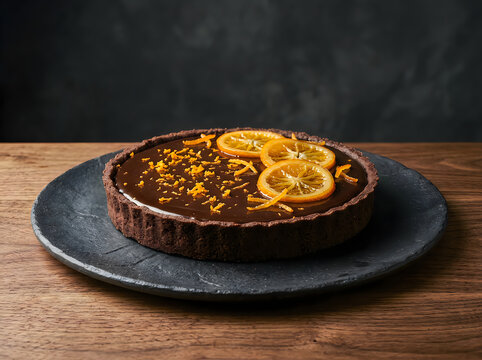 A delicious dark chocolate tart topped with candied orange slices served on a rustic dark plate