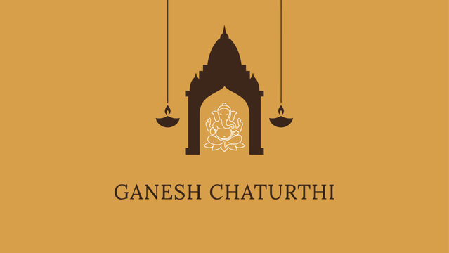 Ganesh Chaturthi festival banner vector with Lord Ganesha line art inside Hindu temple shikhara silhouette, hanging diya oil lamps, and greeting text on mustard background