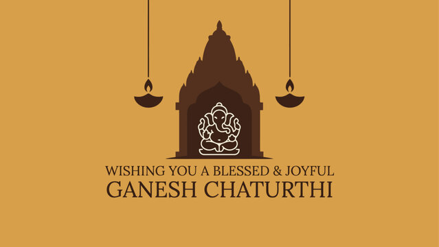 Ganesh Chaturthi festival banner vector with Lord Ganesha line art inside Hindu temple shikhara silhouette, hanging diya oil lamps, and greeting text on mustard background